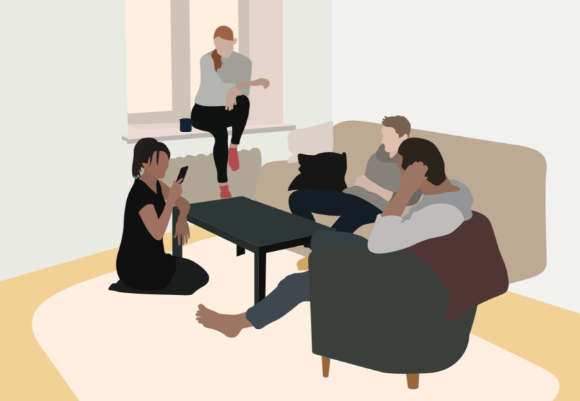 A graphic of students sitting around a coffee table.