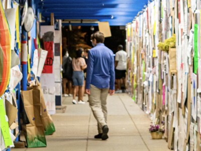 person walking with protest signs
