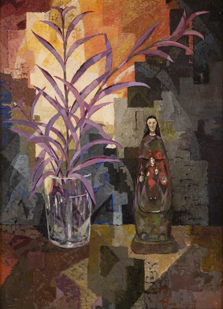 A cubist painting of a small statue of the Virgin Mary next to a purple plant in a glass
