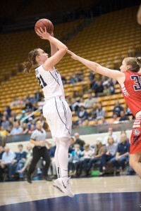 Lexi Eaton Rydalch shoots against Gonzaga during a game during the 2014-2015 season. Rydalch led the Cougars in scoring with 27 points, five rebounds and three assists. (Ari Davis)