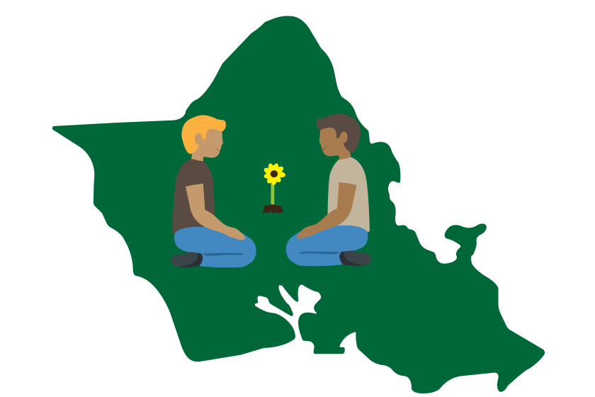 An illustration of two people on the island of Oahu with a sunflower between them.