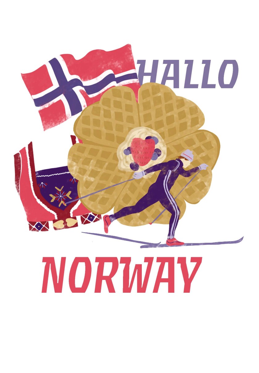 portrait graphics illustration of man skiing with waffles and Norway flag behind him with the words "Hallo" and "Norway" displayed above and below