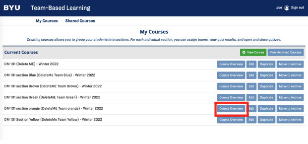Course Overview Button