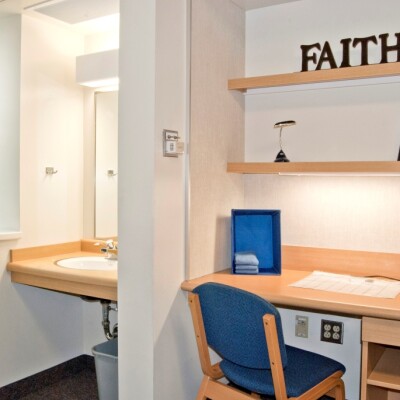 Desk and sink at Helaman Halls bedroom