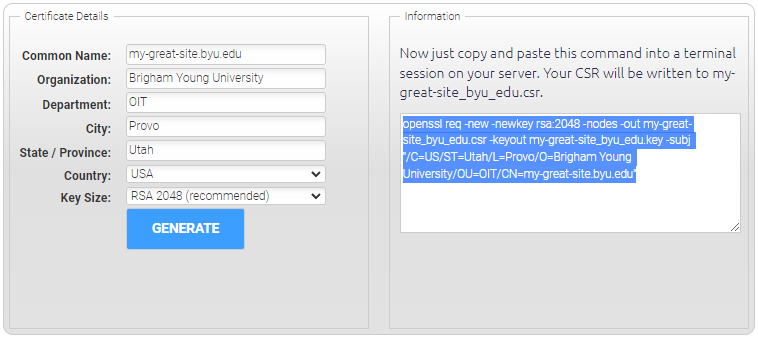 DigiCert OpenSSL CSR Wizard Generate