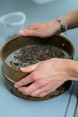 Close up of two light-skinned hands, reddened around the knuckles with neatly trimmed fingernails, holding a circular bronze soil sifter on a blue countertop. The top metal rim has a white mesh base which a pile of soil sits on top of. The contains of the lower metal rim, stacked beneath, is hidden.