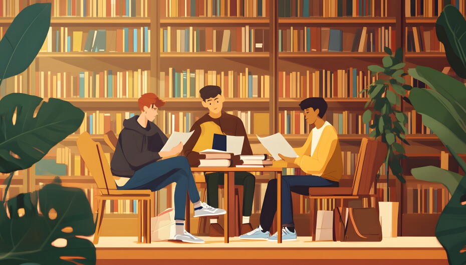 An illustration of 3 people studying