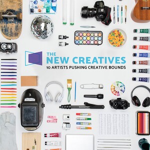 The New Creatives logo and various creative tools and gadgets.