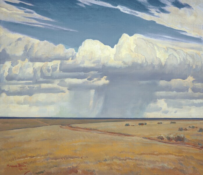 Clouds hover over an open yellow plain. There is rainfall in the distance, but the foreground is sunny and warm.